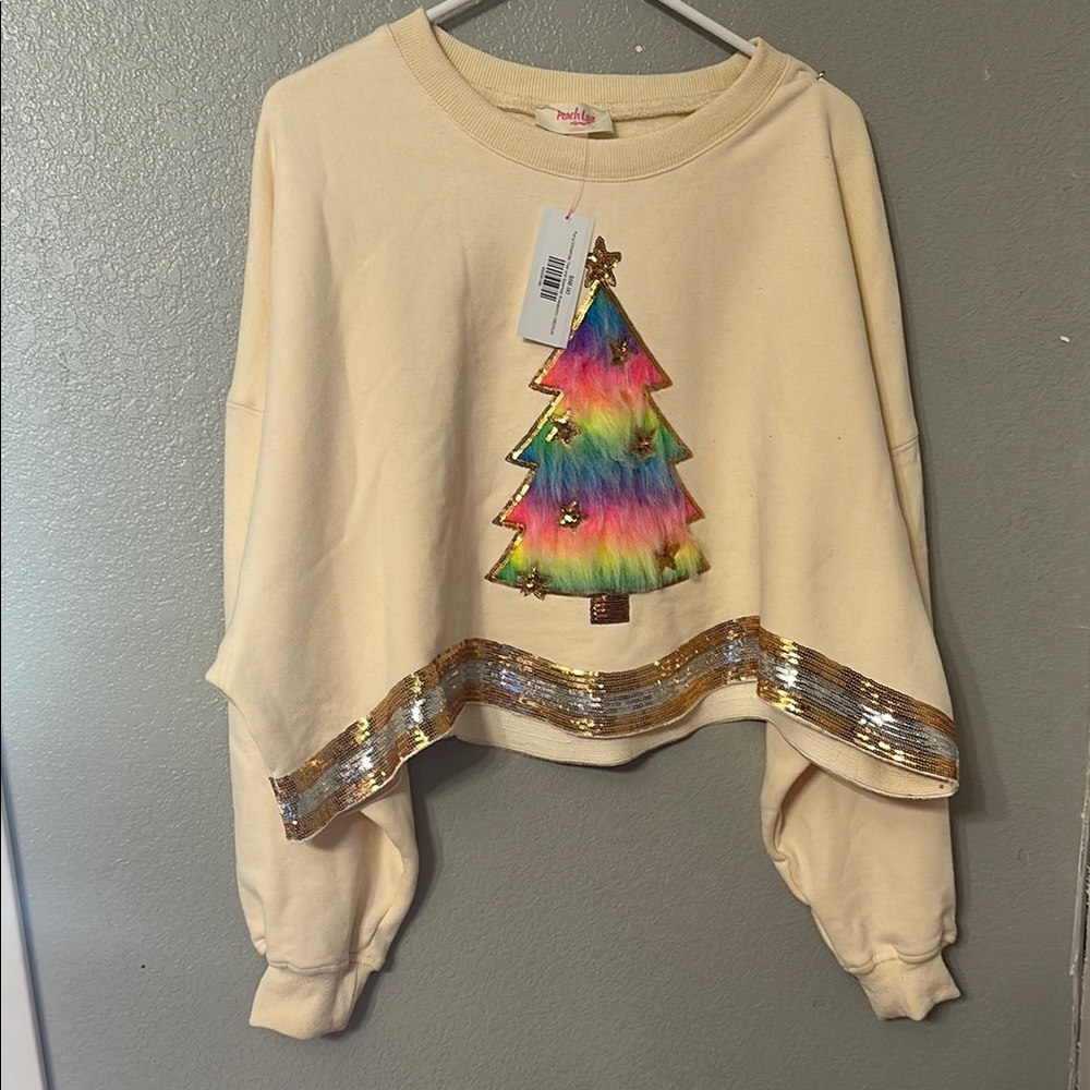 Peach Love California Cream Sweatshirt with Rainbow Tree and Gold Accents